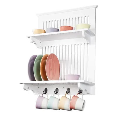 Aston White Wooden Kitchen Plate Rack, wall mounted shelf with hooks