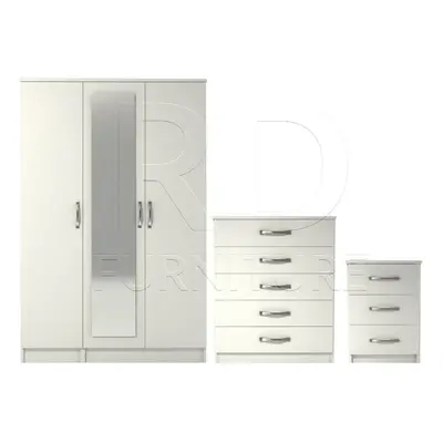 Ready assembled Pcs Classic Door Mirrored Wardrobe, Chest And Bedside Set White