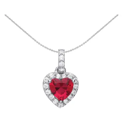 Jewelco London Ladies Sterling Silver Ruby-Red Cubic Zirconia Halo Love Heart Charm Necklace inc