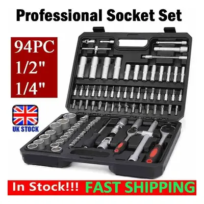 94PC 1/2" 1/4" Socket Set & Screwdriver Bit Torx Wrench Ratchet Case