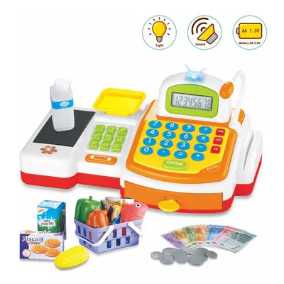 deAO Play Supermarket Shop Toys With Calculator ,Working Scanner,Credit Card ,Play Food ,Money a