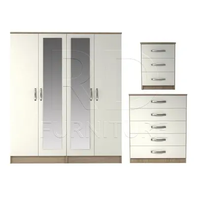 Ready assembled Pcs Classic Door Double Mirrored Wardrobe, Chest And Bedside Set Oak And White