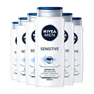 NIVEA MEN Sensitive Shower Gel Pack of (6 x 500ml), Alcohol-Free Sensitive Skin Shower Gel, Gent