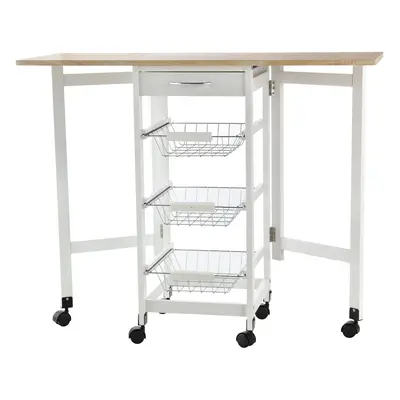 HOMCOM Drop-Leaf Kitchen Trolley w/ Baskets Drawer Surface Top Wheels White