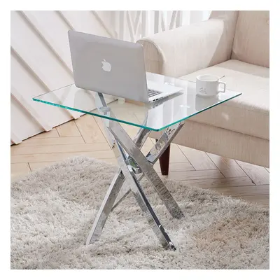 Square Glass Side End Table Small Coffee Table Lamp Stand Chrome Leg Furniture