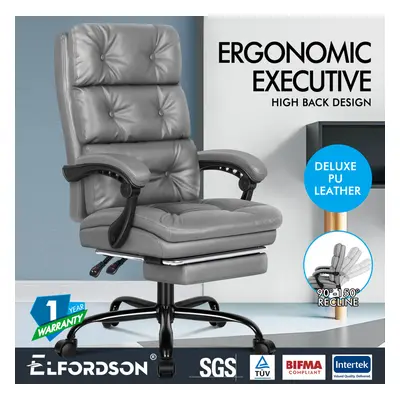 ELFORDSON Office Chair Executive Computer PU Leather Recliner Grey