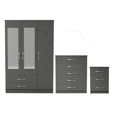 Ready assembled Pcs Classic Door Drawer Mirrored Wardrobe, Chest And Bedside Set Grey