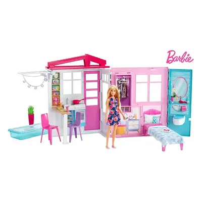 Barbie FXG55 Doll and Dollhouse, Portable 1-Story Playset, with Pool, Multi-Coloured