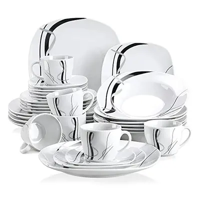 VEWEET 'Fiona' 30-Piece Dinner Set Ivory White Black Lines Porcelain China Ceramic Combination S