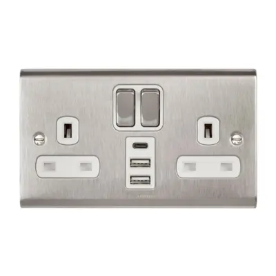 Deta SD1288SSW Slimline Twin Amp Switch Socket c/w x USB Stainless Steel