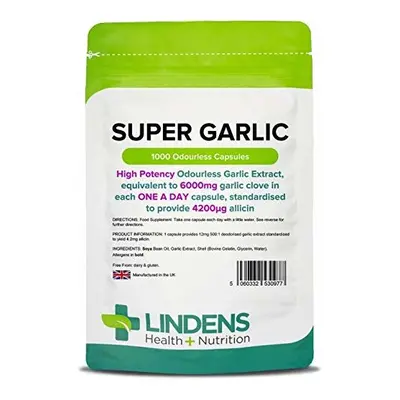 Lindens Super Garlic 6000mg High Strength Capsules | Pack | High potency odourless Garlic Extrac