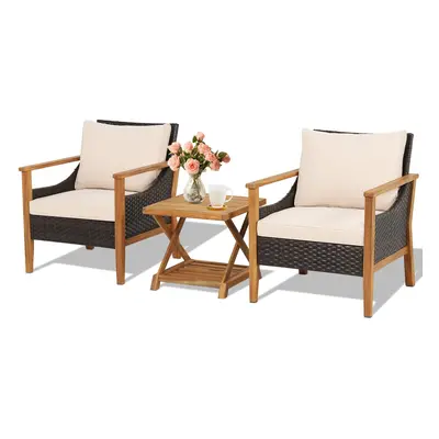 3 PCS Patio Furniture Set Mix Brown Rattan Chair w/ 2-Tier Side Table