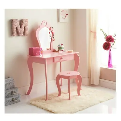 Vanity Set / Dressing Table With Mirror & Stool Children Kids Wooden Pink