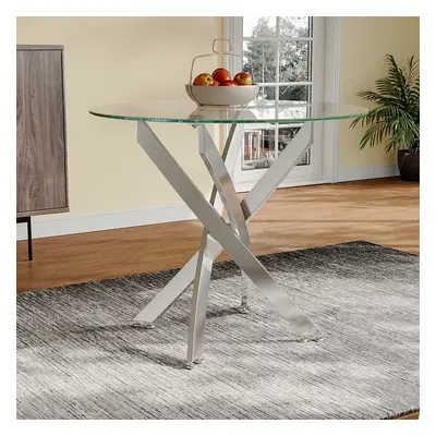 Round Tempered Glass Top Tripod Base Dining Table Coffee Table Dia 90cm