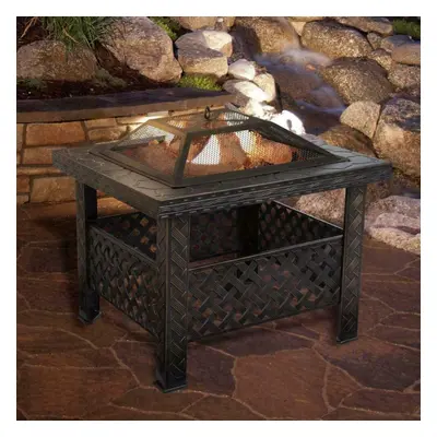 Large Fire Pit Large Steel Square Black With Poker And Rain Cover