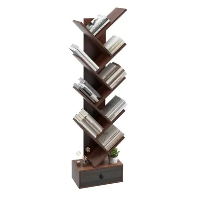 10 Tiers Tree Shaped Bookshelf Display Bookcase Storage Rack Shelves with Drawer