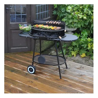 LARGE OVAL CHARCOAL BBQ STEEL TROLLEY GARDEN BARBECUE GRILL SIDE TABLES METAL