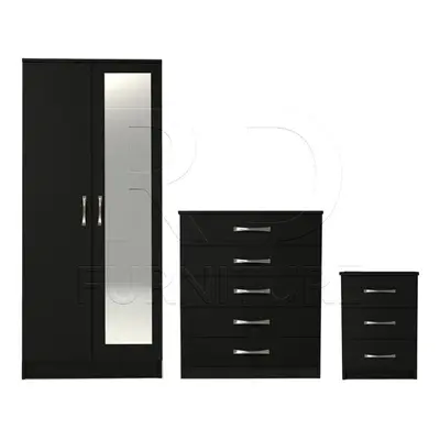 Ready assembled Pcs Classic Door Mirrored Wardrobe, chest And Bedside Set Black