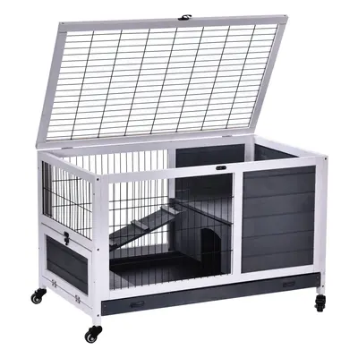 PawHut Wooden Guinea Pig Hutch 2-Floor Design w/ Wheels, Grey