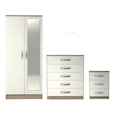 Ready assembled Pcs Classic Door Mirrored Wardrobe, chest And Bedside Set Oak And White