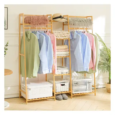 Bamboo Trapezoid Clothing Hanging Rack with 5-Tier Storage Shelves