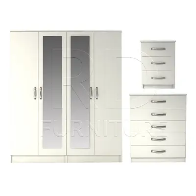 Ready assembled Pcs Classic Door Double Mirrored Wardrobe, Chest And Bedside Set White