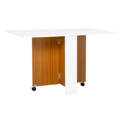 HOMCOM Folding Dining Table Mobile Writing Desk w/ Casters Teak Colour, White