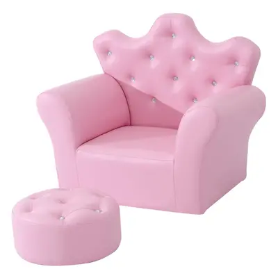 HOMCOM Kids Sofa Set, 2PCs Crown-Themed Child Armchair with Ottoman, Pink