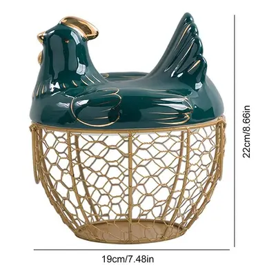 Egg Storage Basket Metal Wire Fruit Basket with Chicken Shape Lid Ceramic Egg Holder, Storage Ho