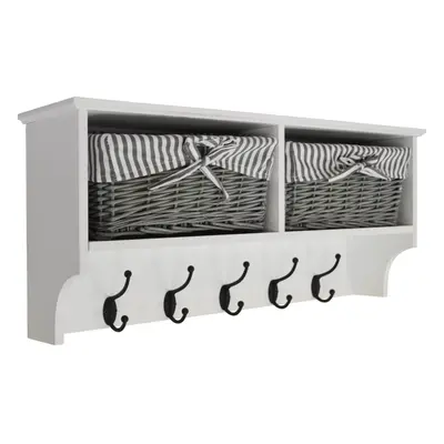 HALLWAY - Wall Storage Shelf with Baskets and Coat Hooks - White / Grey