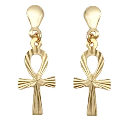 375 9ct Gold Diamond Cut Ankh Cross Earrings.