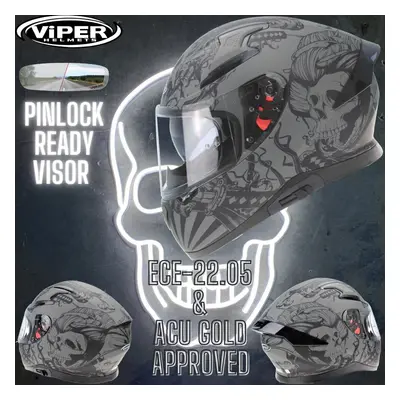 Viper RSV95 Full Face Motorbike Motorcycle Dual Visor ECE ACU Approved Pinlock Ready Plain Skull