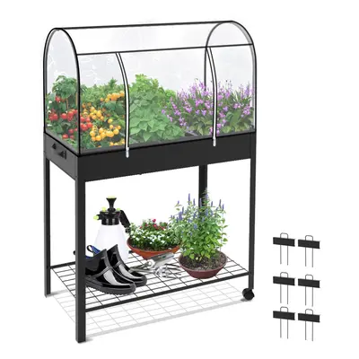 VOUNOT Raised Garden Bed, Mobile Metal Planter with Wheels and Bottom Shelf for Vegetables, Plan