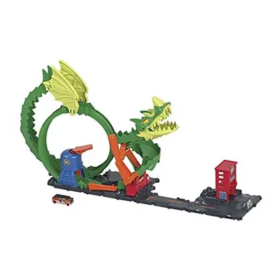 Track Set with 1:64 Scale Toy Firetruck, City Fire Station with Dragon Nemesis and Track Play, D