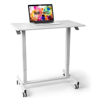 Duronic TM03T Sit-Stand Desk WHITE, Ergonomic Home Office Table on Wheels, 88x50cm Platform, Por