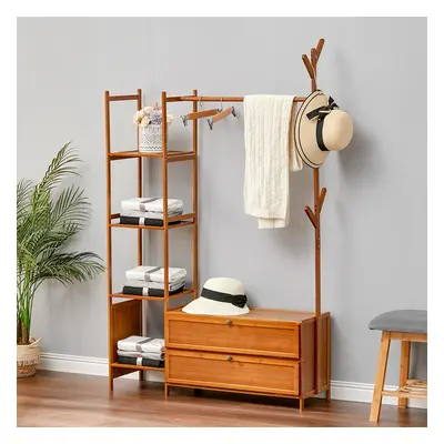 Freestanding Bamboo Clothes Rack with Storage Shelves for Bedroom