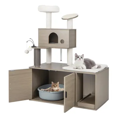 Cat Tree Litter Box Enclosure 2-in-1 Cat Tower W/ Cat Condo Scratching Board