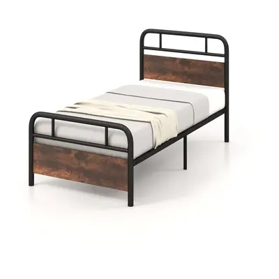 (198 x cm, Rustic) Single Bed Frame Metal Platform Bed w/ Headboard