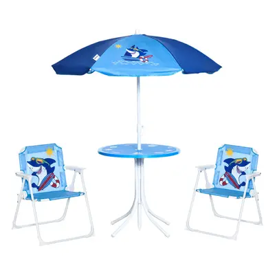 Outsunny Kids Foldable Four-Piece Garden Set w/ Table, Chairs, Umbrella - Blue