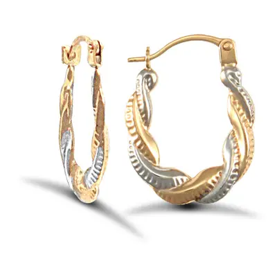 Jewelco London Ladies 9ct Yellow and White Gold Twisted Platted Creole Earrings - JER733