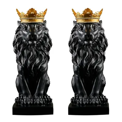 2X Abstract Crown Lion Statue Home Office Bar Male Lion Faith Resin Sculpture Crafts Animal Art 