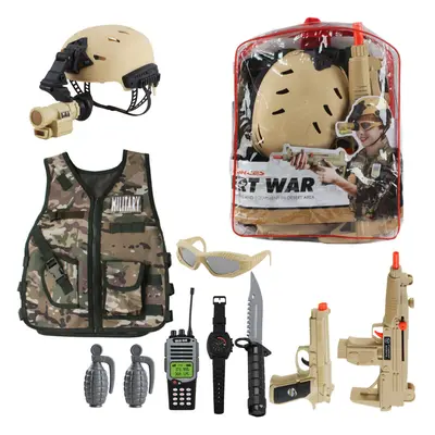 deAO Military Soldier Camouflage Desert War Costume Set with Helmet, Toy Shotgun, Toy Grenades, 