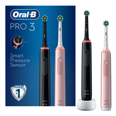 Oral-B Pro 3- - Set of2 Electric Toothbrushes Pink & Black, Handles with Visible Pressure Sensor