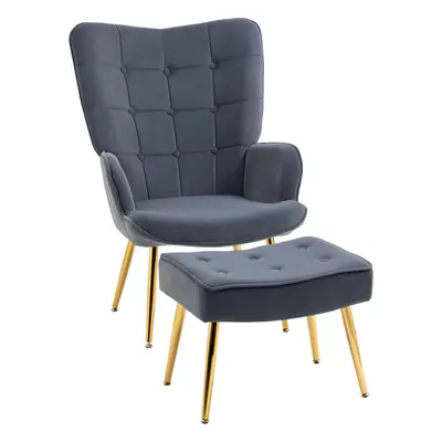 HOMCOM Button Tufted Armchair with Footstool and Gold Tone Steel Legs Dark Grey