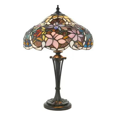 Tiffany Glass Table Lamp Light Dark Bronze & Multi Colour Floral Shade i00229