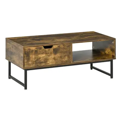 HOMCOM Coffee Table Wood Finish Metal Frame Sofa Table with Drawer & Shelf Brown