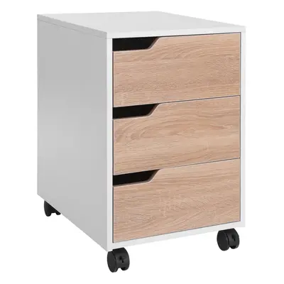 MDF Mobile File Cabinet w/ Drawers Locking Wheels Metal Rails Oak Tone White