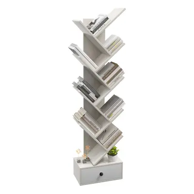 10 Tiers Tree Shaped Bookshelf Display Bookcase Storage Rack Shelves with Drawer