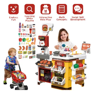 65 PCS Grocery Store Playset Pretend Supermarket Playset for Kids w/ Shopping Cart Cash Register