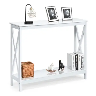 2-Tier Console Table X-design Wooden Desk Side Table w/ Shelf White